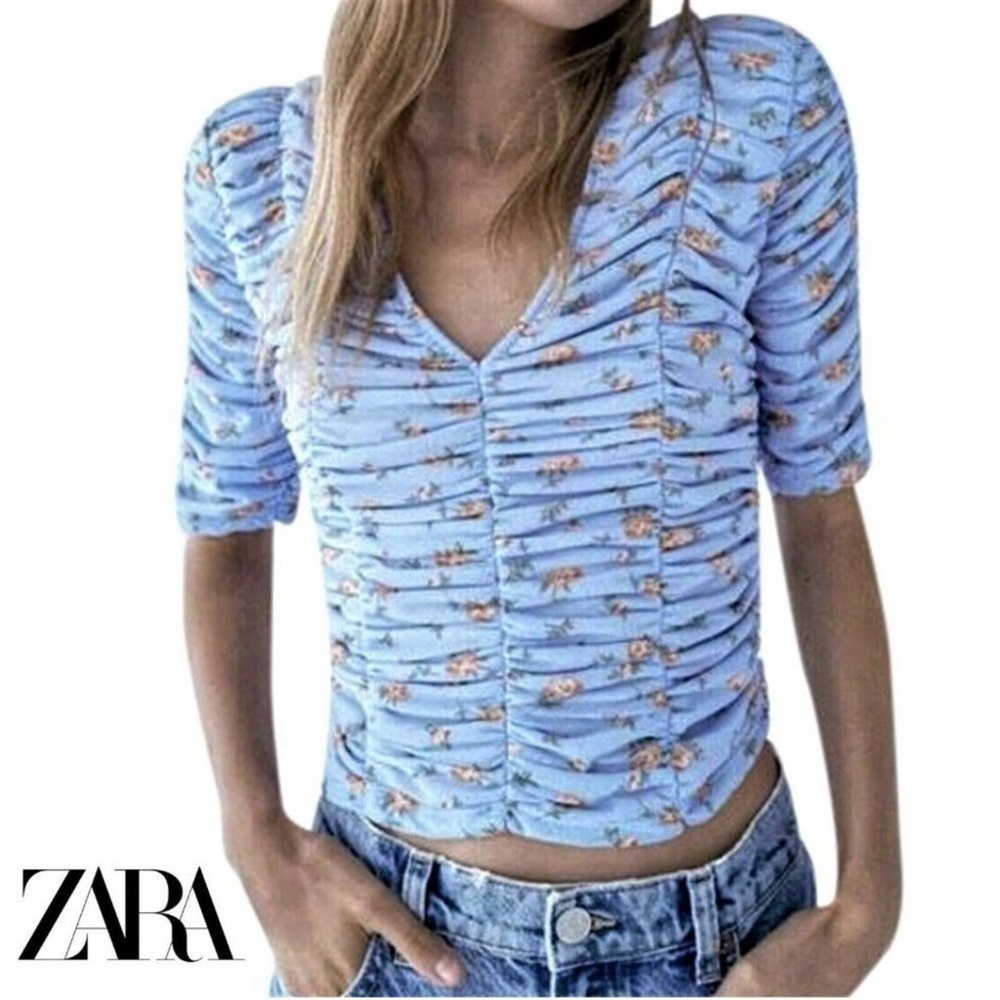Zara Tulle Ruched 1/2 Sleeve Floral Blouse Top Blue Women’s size Small